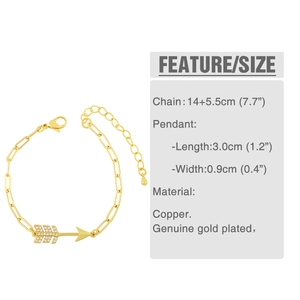 Detailed view of gold chain bracelet with zircon arrow pendant and size specifications