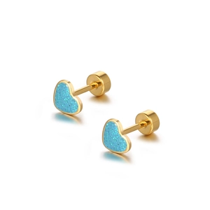 Minimalist gold heart stud earrings with sparkling light blue glitter and secure screw-back