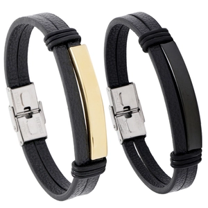 Men PU Leather Bracelet Stainless Steel Metal Plate Double Layer Minimalist Punk Vintage Bangle Jewelry Accessory