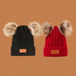 Kids Knitted Beanie Hat Double Faux Fur Pom Poms Cable Knit Warm Winter Cuffed Skull Cap For Toddlers Boys Girls
