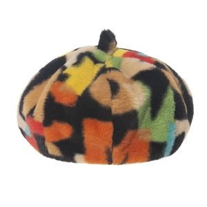 Colorful plush beret hat with vibrant patchwork faux fur and top pom-pom detail