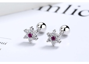 Macro detail of snowflake zircon screw back stud earring in 925 sterling silver