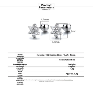 Technical drawing of 925 silver snowflake stud earrings with zircon and size specifications