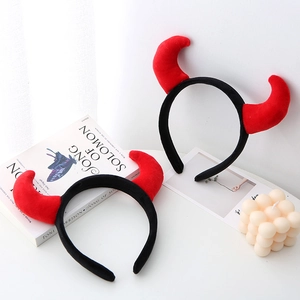 Red plush devil horns headband for Halloween party and festive costume hair accessory