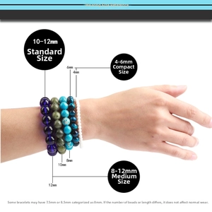 Size guide showing 4mm to 12mm natural tiger eye stone bead diameter for hand bracelets