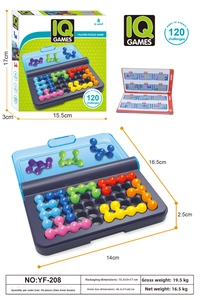 Detail view of logical puzzle game showing dimensions, challenge book, and colorful pieces