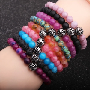 Men's beaded bracelet set with multi-color stones and silver hollow cross charms