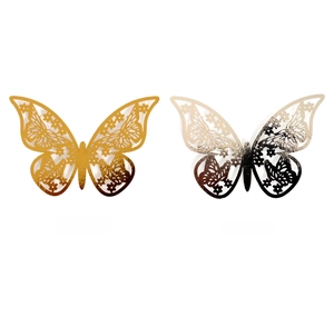 Detailed laser-cut vine and floral patterns on 3D reflective gold and silver butterflies