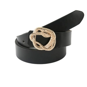 Women's black PU leather belt featuring a vintage gold snake-shaped buckle design