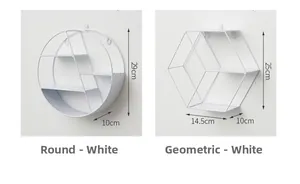 Detailed dimensions of white circular and hexagonal metal wall shelves with measurements
