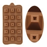 Detail view of 15-cavity brown silicone chocolate mold with pyramid-shaped compartments