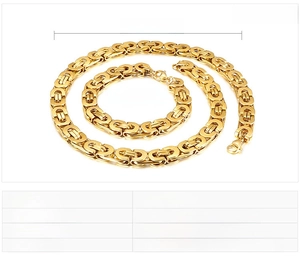 Detail view of heavy gold-tone stainless steel Byzantine chain necklace and bracelet set