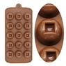 Detailed view of brown silicone mold with 15 circular coin-shaped cavities and textures
