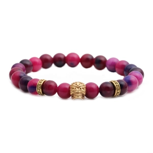 Handgefertigtes 8mm Achatstein-Armband in Rosa und Lila mit goldenem Totenkopf-Anhänger