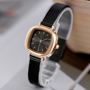 Elegant square rose gold watch for women featuring a black dial and Milanese mesh band