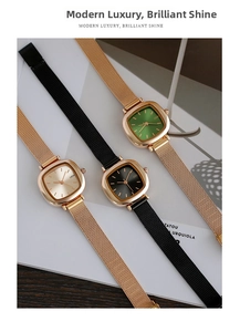 Elegant square women's quartz watches with mesh straps in emerald, black, and champagne gold