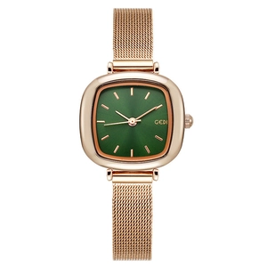 Minimalist square women's watch with green dial and rose gold mesh strap