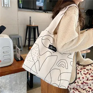 Minimalist Abstract Line Art Canvas Tote Bag Large Capacity Casual Shoulder Handbag For Women Daily Shopping Eco Friendly