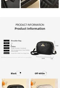 Detail view of V-quilted faux leather bag featuring a gold bee emblem and size specifications