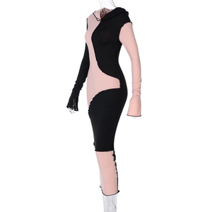 Detail of hood and pink wave patchwork on slim long sleeve dress with thumb hole