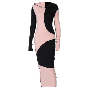 Detail of slim fit hooded maxi dress showing contrast wave stitching and overlock seams