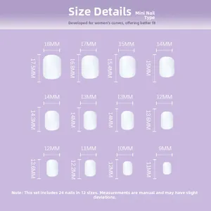 Size chart showing 12 different sizes of mini press-on nails in purple pudding style