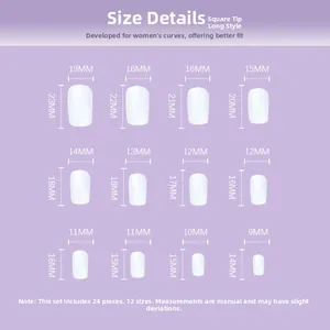 Size chart for long square press-on nails with 24 pieces in 12 different dimensions