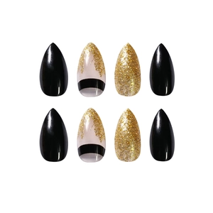 Almond shaped black and gold glitter press-on nails featuring glossy french manicure styles