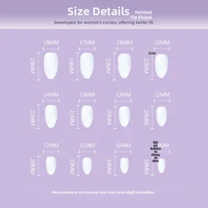 Size guide for pointed black gold glitter press-on nails showing 12 different dimensions