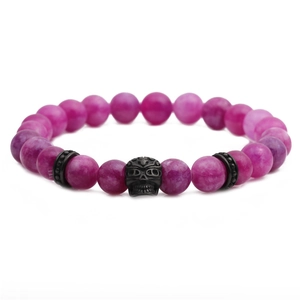 Bracciale di perle in pietra d'agata viola da 8 mm con ciondolo a teschio nero per uomo e donna