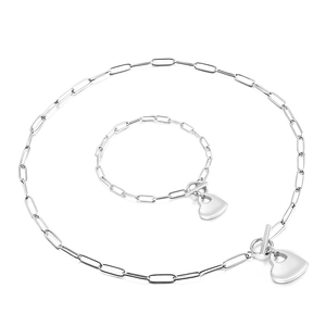 Silver stainless steel heart pendant necklace and bracelet set with toggle clasp detail