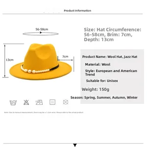 Guide des tailles pour chapeau en feutre de laine avec perles, bord 7cm, 56-58cm