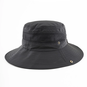 Breathable dark grey wide brim sun hat with mesh vents and snap buttons for outdoor use