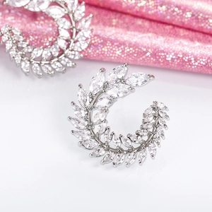 Exquisite C-shaped zircon leaf wreath earrings in silver finish for formal occasions