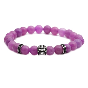 Purple agate beaded bracelet with vintage stainless steel skull charm and metal spacers