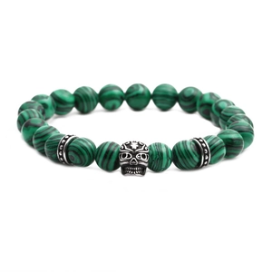 8mm green malachite bead bracelet with vintage silver skull head and metal spacers