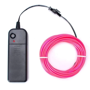 Detail view of pink EL wire set connected to a black battery power controller