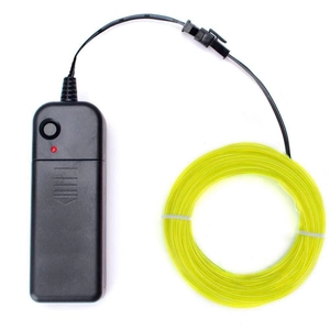 Macro view of yellow EL wire kit with battery controller for stage performance lighting