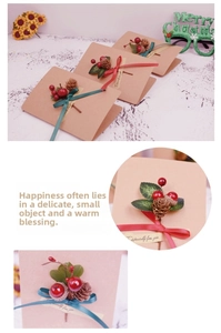 Macro view of Christmas cards with pine cones, red berries and Especially for you tags