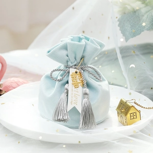Elegant light blue velvet wedding favor bag with tassel drawstring and golden charm