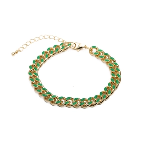 Gold plated Cuban link bracelet with green enamel inlay and adjustable chain