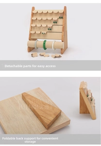 Macro view of a foldable wooden jewelry stand with earring slots and bracelet bars