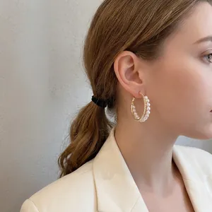 C-Shape Double Circle Hoop Earrings With Artificial Pearl And Rhinestone Alloy Silver Earring Post For Women Korean Style Elegant
