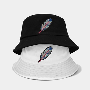 Cotton Canvas Bucket Hat With Feather Embroidery Ethnic Vintage Sun Protection Casual Outdoor Fisherman Hat For Men Women