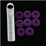 Detail of 9-piece heart plunger cutters and purple pattern stamps for cake fondant art
