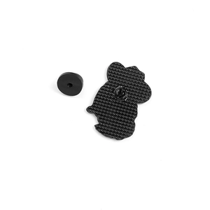 Cartoon cowboy cat enamel pin featuring a black metal finish and rubber back fastener