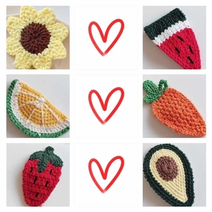 Handmade crochet fruit hair clips set including strawberry and sunflower for girls