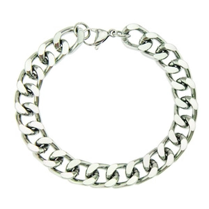 Detailed view of silver metal Cuban link bracelet featuring a durable lobster clasp