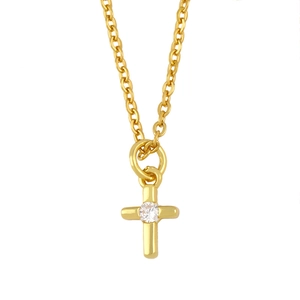 Minimalist gold cross necklace with central white zircon on thin O-chain for women