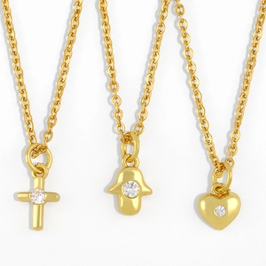 Dainty Pendant Necklace 18K Gold Plated Copper Zircon Cross Heart Lock Key Hamsa Hand Minimalist Jewelry Women